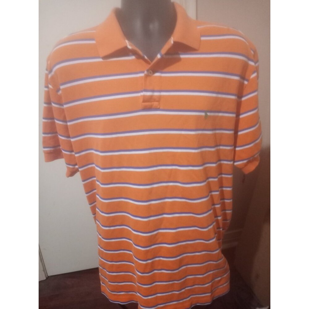 Polo Ralph Lauren Polo Shirt Mens 2XL Orange Blue White Striped Short Sleeve